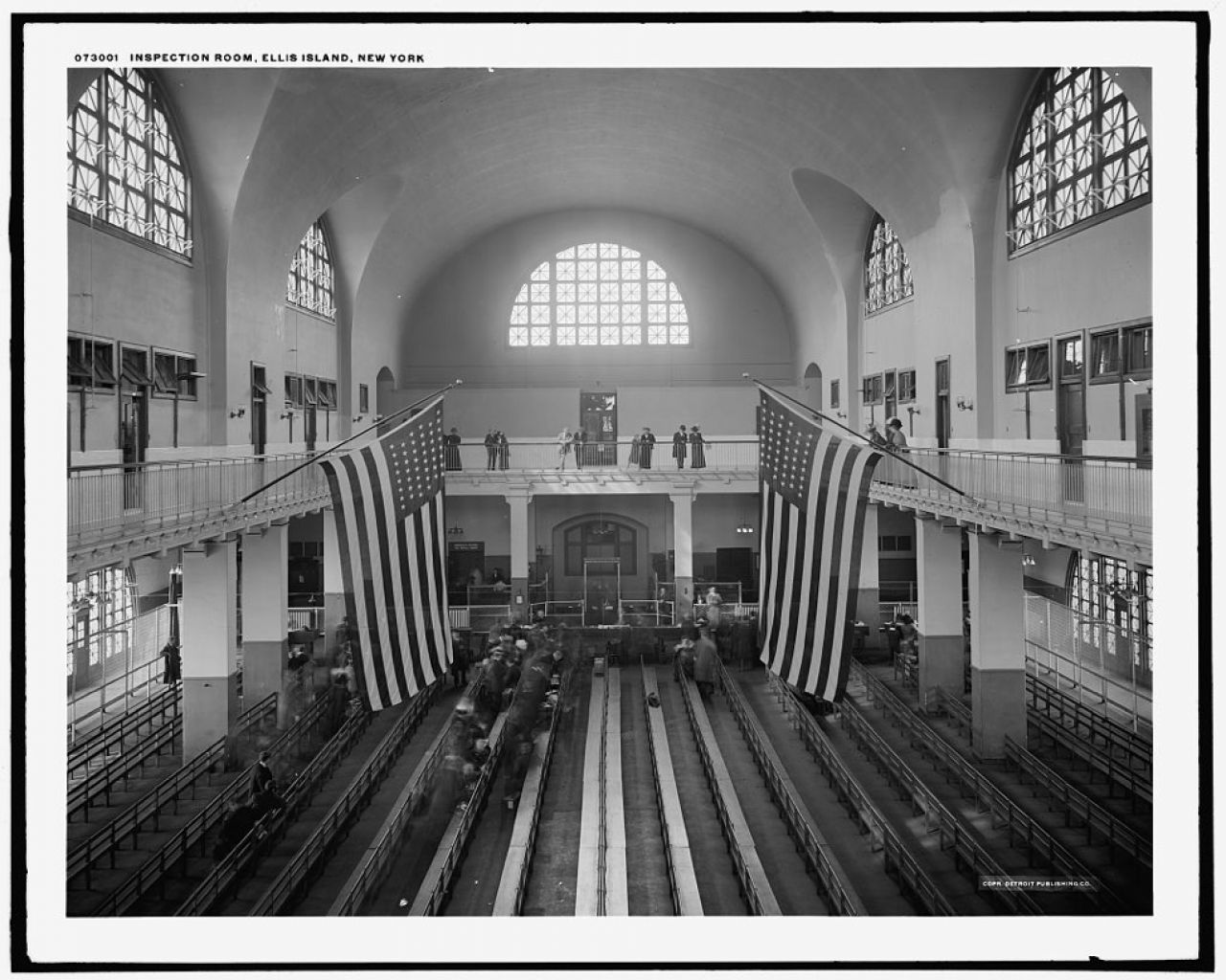 The inspection room at Ellis Island circa 1910-20.