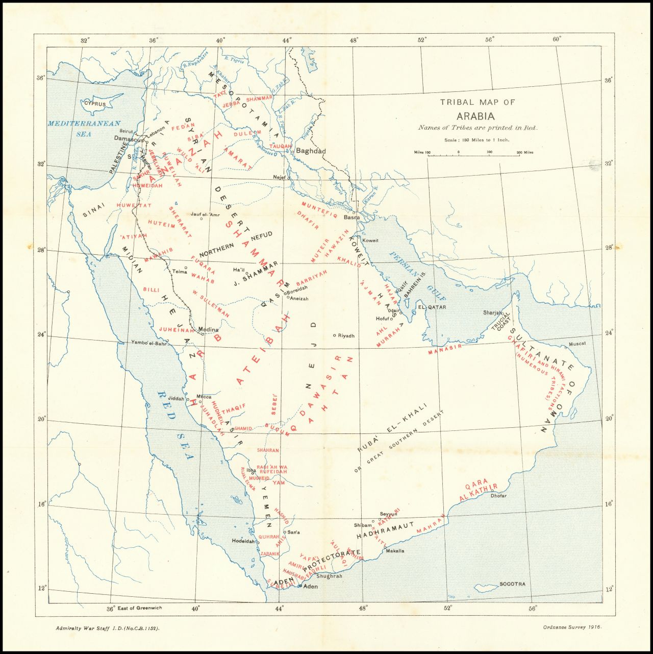 ‘Tribal Map of Arabia’ (1916). Maps like these proliferated in the early twentieth century, as state authorities struggled to fix in their minds the location, size and identity of the main Bedouin groups of the Middle East, and where they lay in relation to their own territorial borders. Source: Admiralty War Staff Intelligence Division. Public domain via Wikimedia Commons.